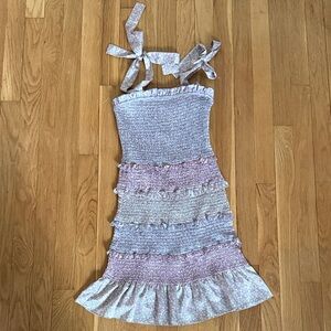 Storia Smocked Floral Halter Midi Dress in Lavender and Cream